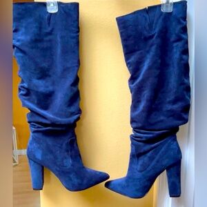 Blue Suede thigh high Boots chunky heel pointy toe  10